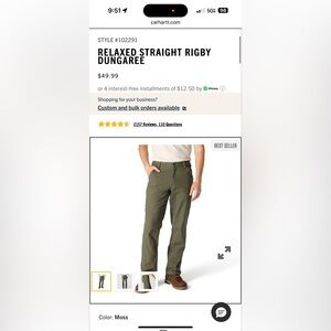 Carhartt relaxed straight rigby dungaree pants size 40x30